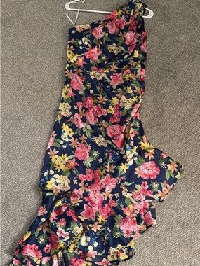 Lulu's Navy Floral Ruffle One-Shoulder Dress